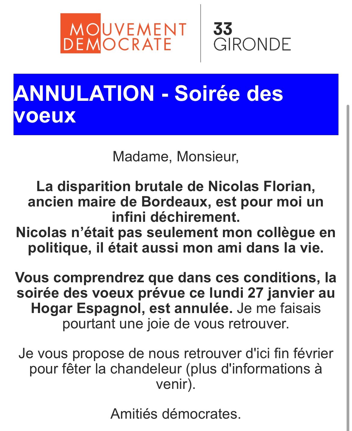 Annulation voeux MoDem 33